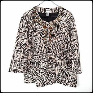 CHICO'S Jeweled Rhinestone Art to Wear Safari Print Tan Cream Blazer Jacket 3 XL